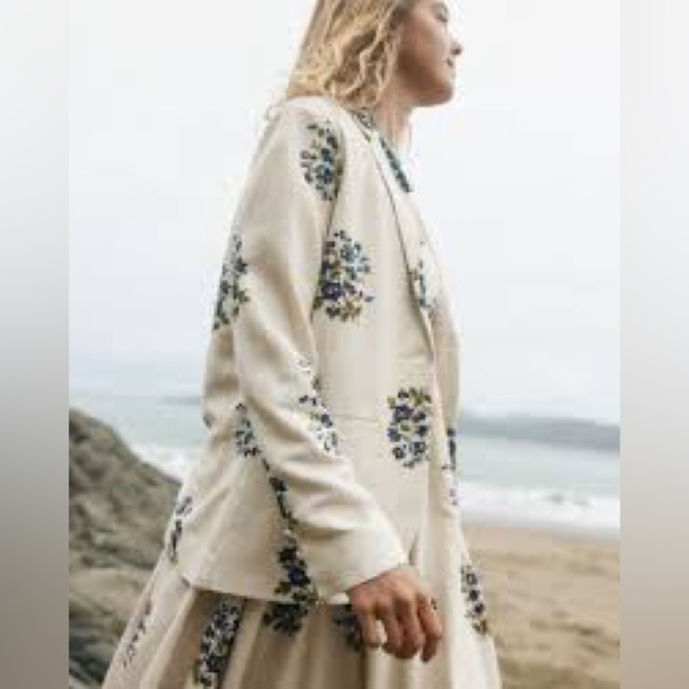 Classic Cream and Blue Blazer with Elegant Floral Design
